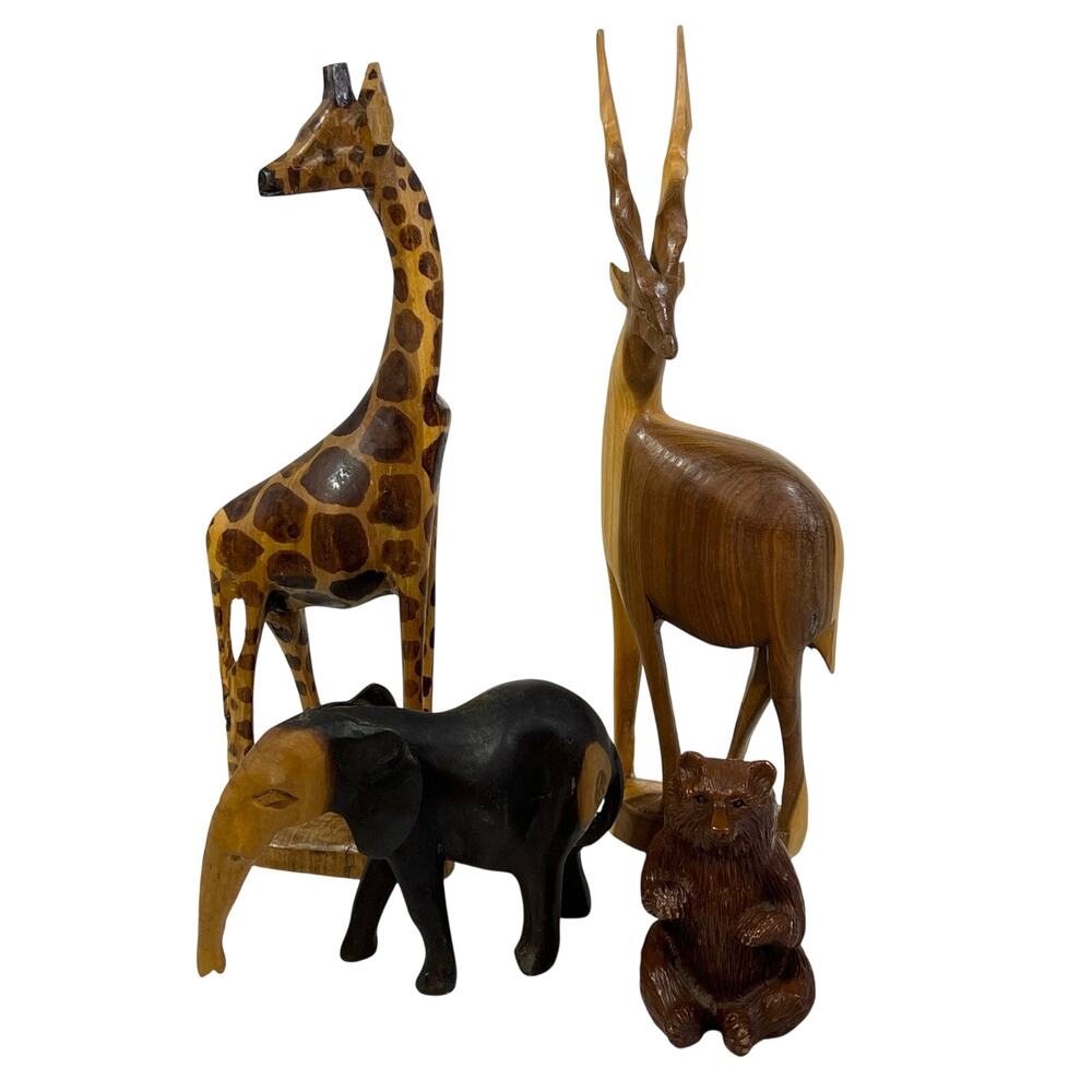 Vintage Hand Carved Wood Safari Animal Figurines Lot 4 Giraffe Gazelle Elephant